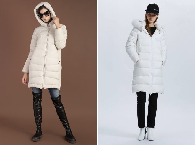 белый пуховик с капюшоном