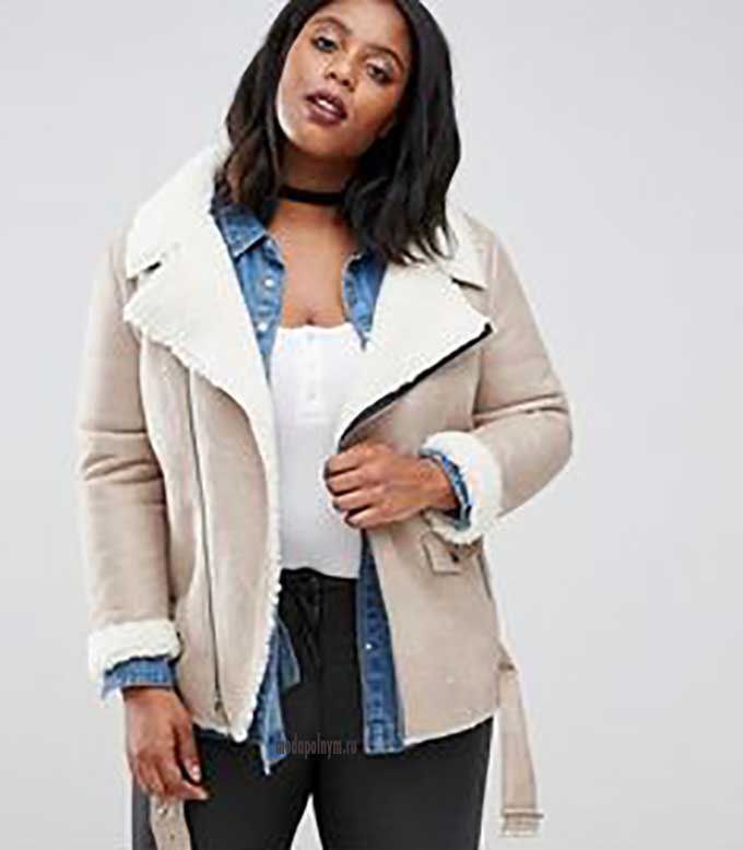 Бежевая дубленка косуха для полных девушек